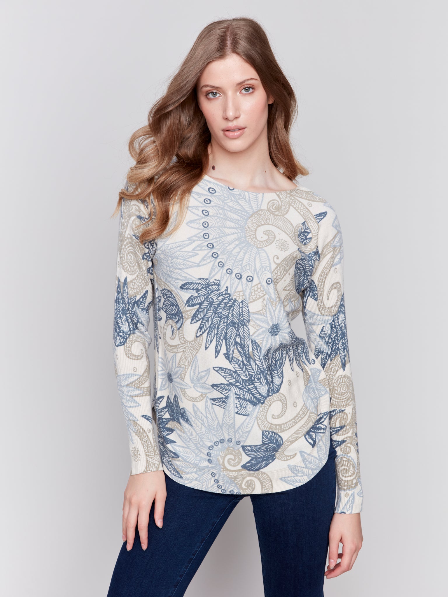 Plushy Knit Crew Neck Sweater Feather Print by Charlie B