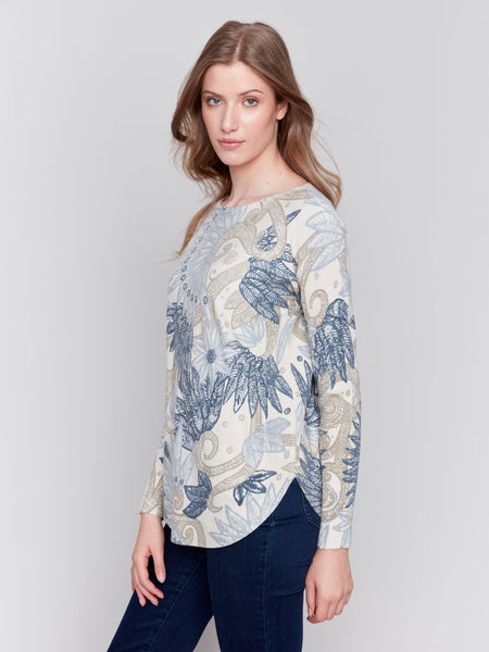 Plushy Knit Crew Neck Sweater Feather Print by Charlie B