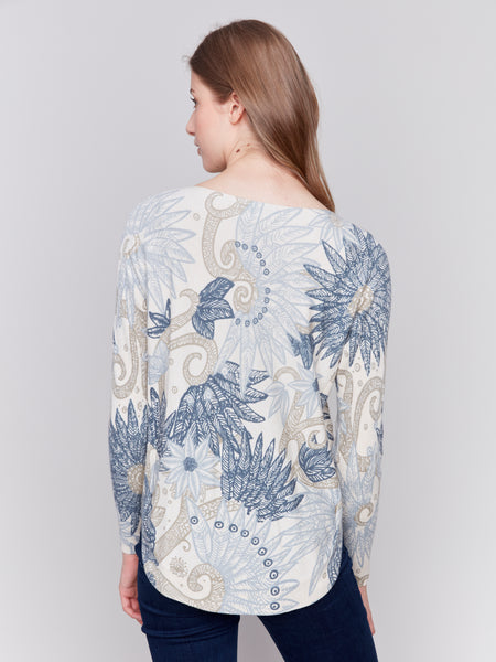 Plushy Knit Crew Neck Sweater Feather Print by Charlie B