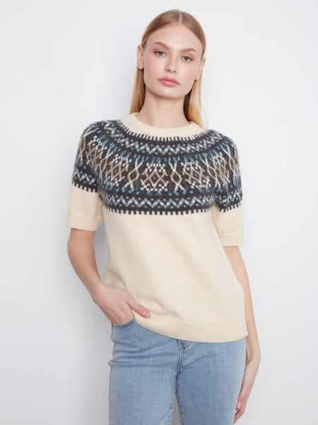 Short Sleeve Raglan Ski Sweater Ecru by Charlie B