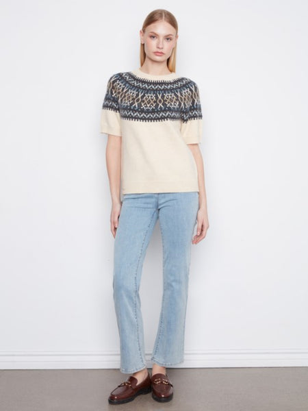 Short Sleeve Raglan Ski Sweater Ecru by Charlie B