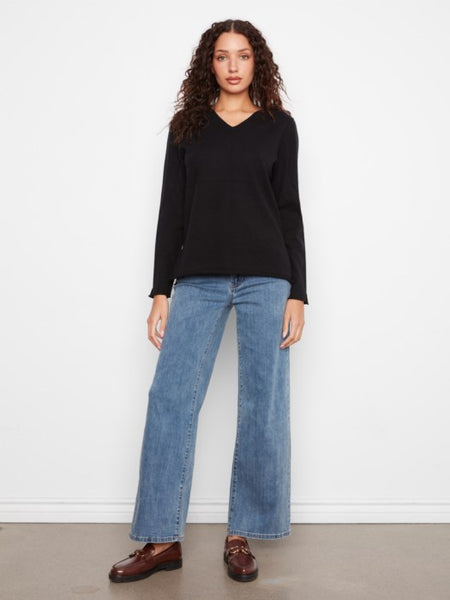 Long Sleeve VNeck Sweater Black by Charlie B