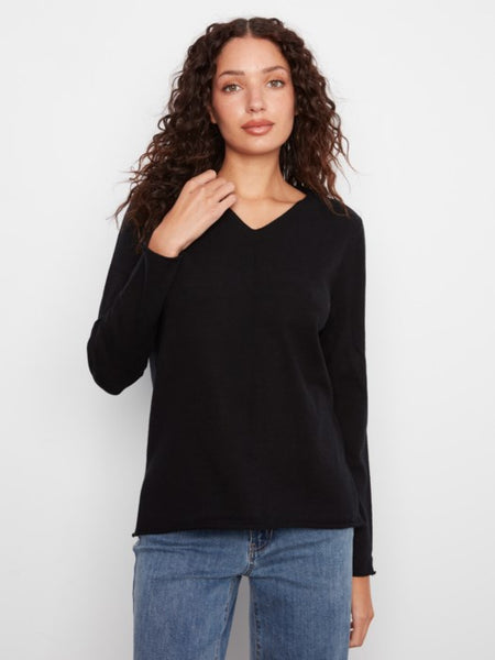 Long Sleeve VNeck Sweater Black by Charlie B