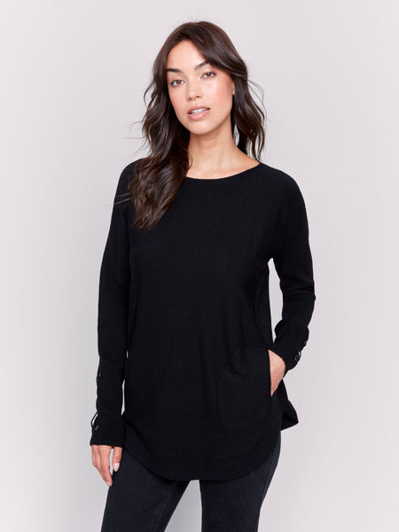 Knit Sweater w/ Lace-Up Cuffs Black by Charlie B