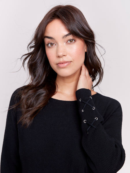 Knit Sweater w/ Lace-Up Cuffs Black by Charlie B