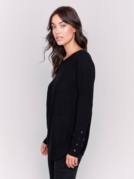 Knit Sweater w/ Lace-Up Cuffs Black by Charlie B