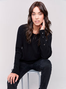 Knit Sweater w/ Lace-Up Cuffs Black by Charlie B