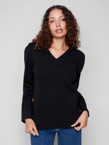 Wide Cuff V-Neck w/ Side Buttons Black by Charlie B