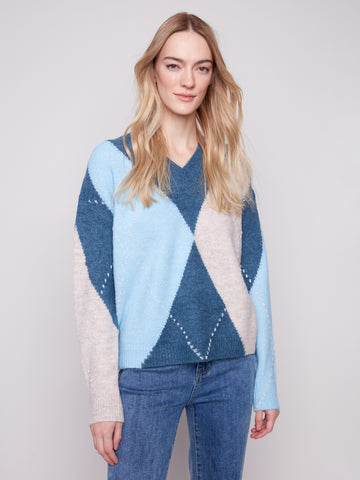 V-Neck Argyle Jacquard Sweater by Charlie B