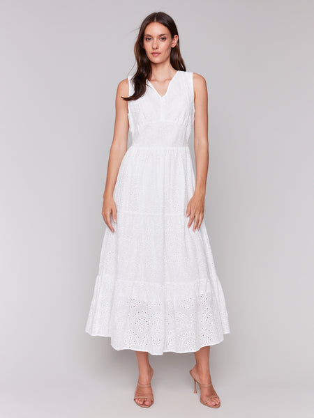 Sleeveless Long Eyelet Dress White by Charlie B