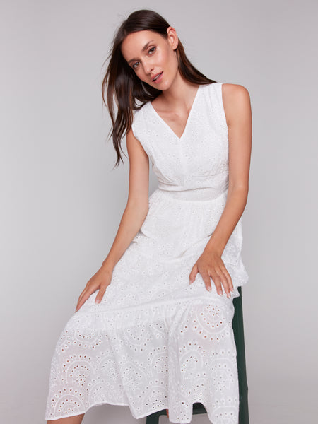 Sleeveless Long Eyelet Dress White by Charlie B