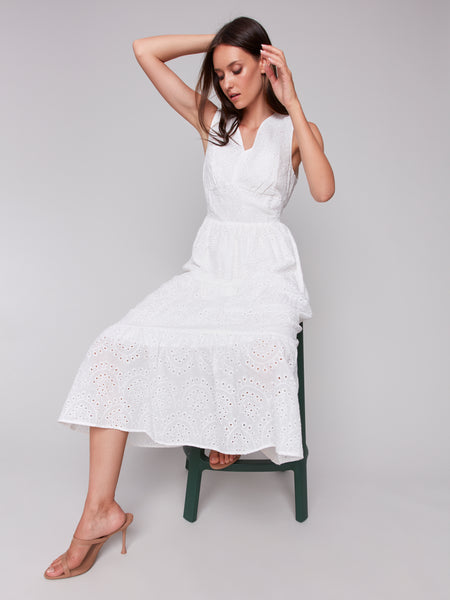 Sleeveless Long Eyelet Dress White by Charlie B