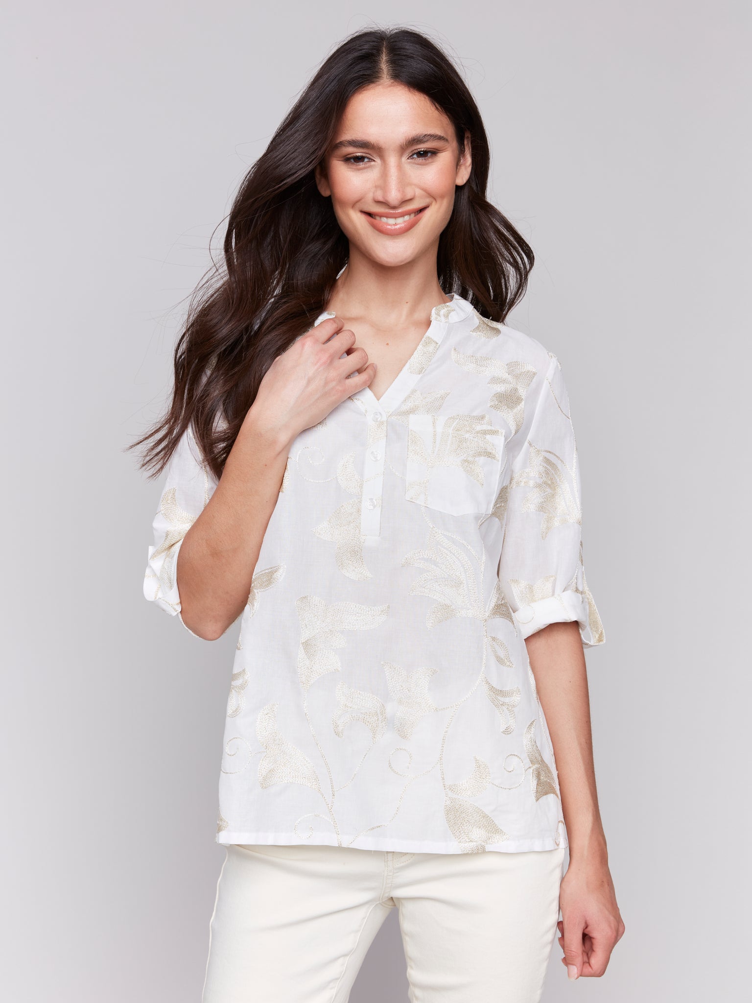 Embroidered Roll Up Sleeve Blouse Gold by Charlie B