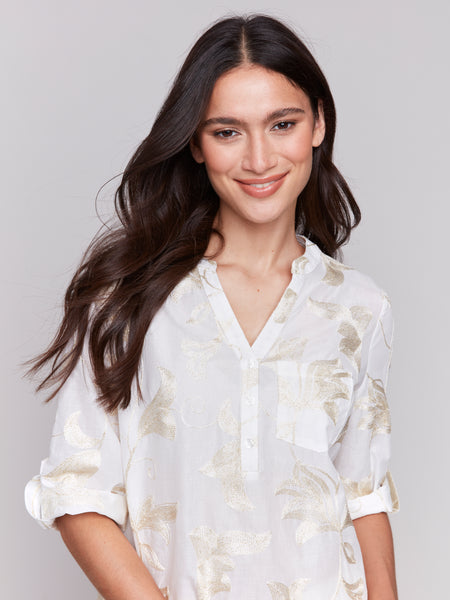 Embroidered Roll Up Sleeve Blouse Gold by Charlie B