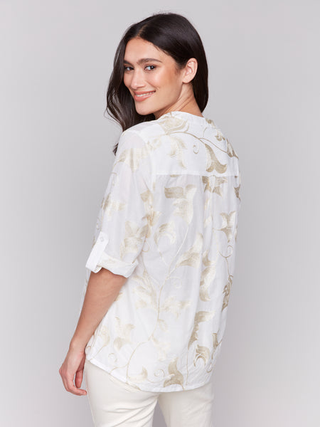 Embroidered Roll Up Sleeve Blouse Gold by Charlie B