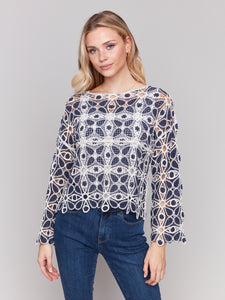 Cotton Blend Crochet Top Denim by Charlie B