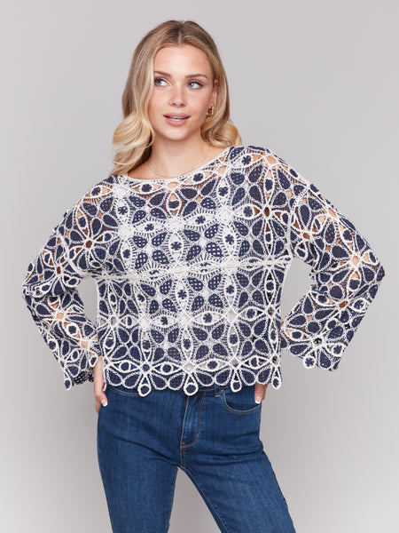 Cotton Blend Crochet Top Denim by Charlie B