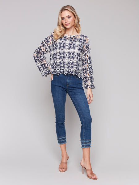 Cotton Blend Crochet Top Denim by Charlie B