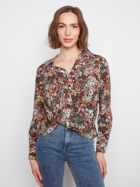 Printed Long Sleeve Shirt w/ Twist Front Azalea by Charlie B
