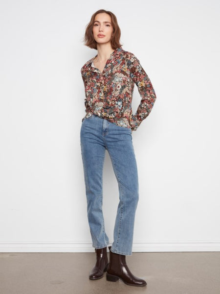 Printed Long Sleeve Shirt w/ Twist Front Azalea by Charlie B