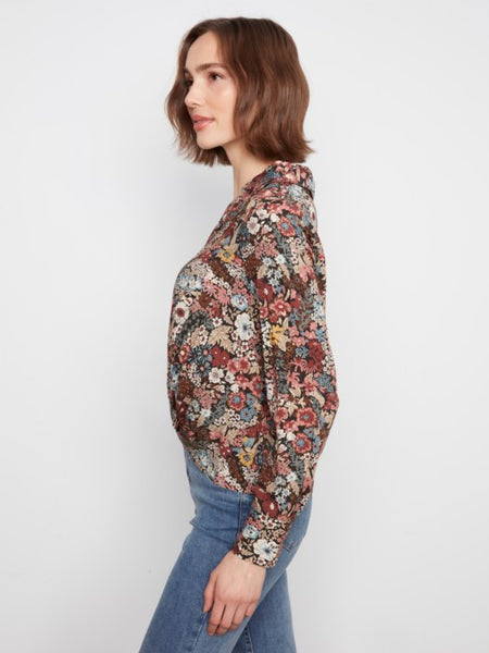 Printed Long Sleeve Shirt w/ Twist Front Azalea by Charlie B