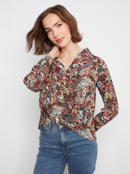 Printed Long Sleeve Shirt w/ Twist Front Azalea by Charlie B