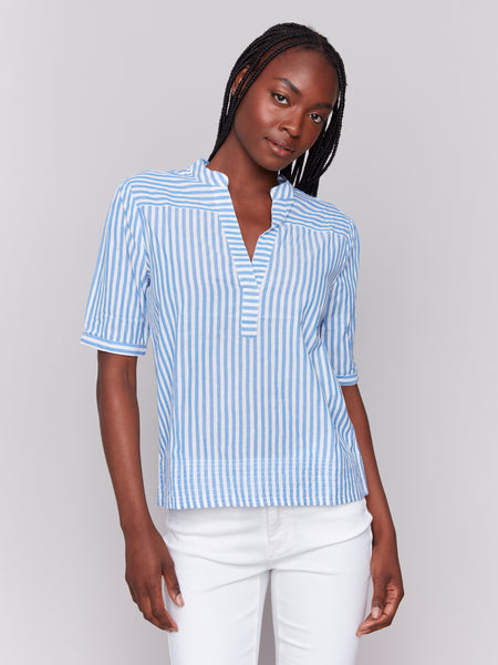 Striped Short Sleeve Blouse Denim by Charlie B