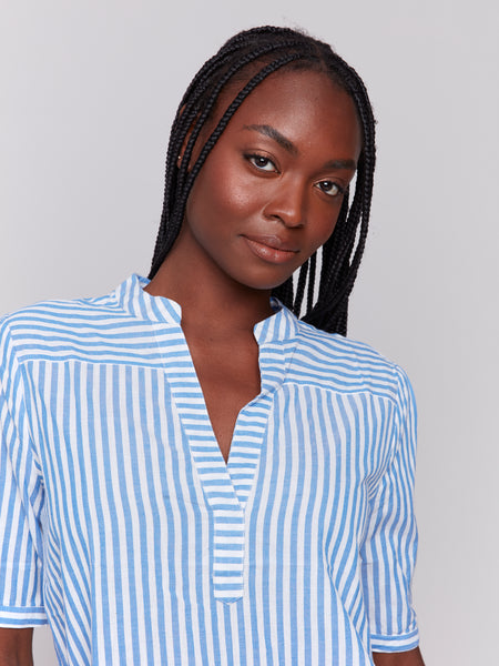 Striped Short Sleeve Blouse Denim by Charlie B