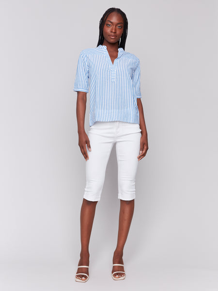 Striped Short Sleeve Blouse Denim by Charlie B