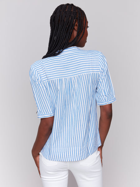 Striped Short Sleeve Blouse Denim by Charlie B