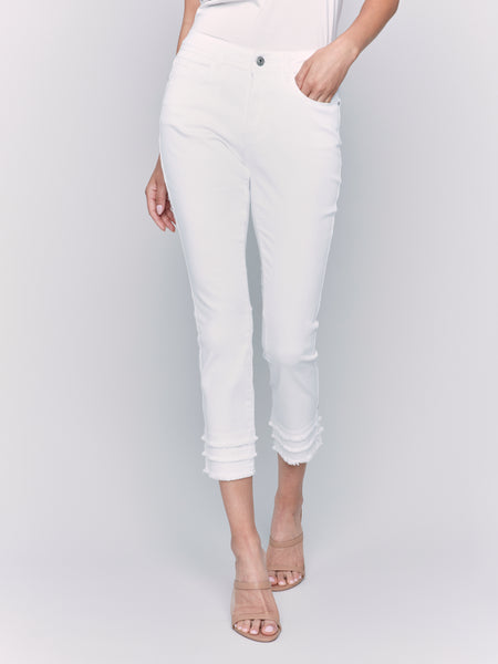 Frayed Hem Cropped Twill Pants White by Charlie B