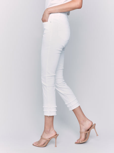 Frayed Hem Cropped Twill Pants White by Charlie B