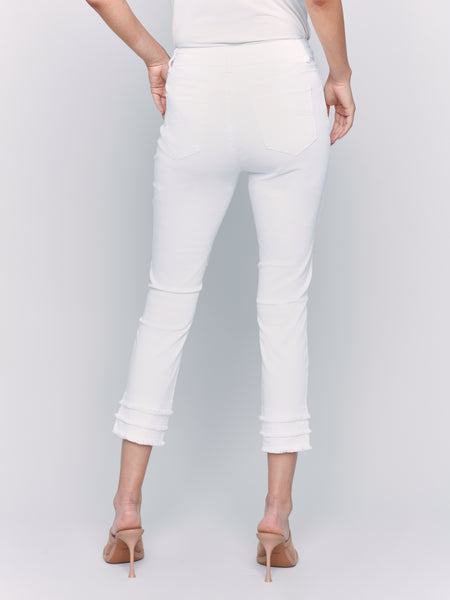 Frayed Hem Cropped Twill Pants White by Charlie B