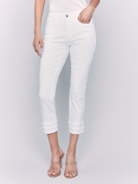 Frayed Hem Cropped Twill Pants White by Charlie B