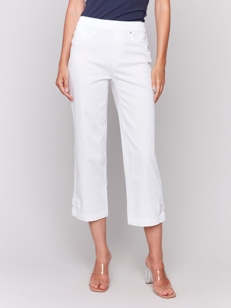 Cropped Pull-On Twill Pants w/ Hem Tab White by Charlie B