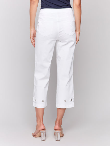 Cropped Pull-On Twill Pants w/ Hem Tab White by Charlie B
