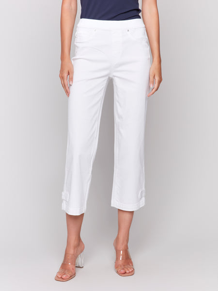 Cropped Pull-On Twill Pants w/ Hem Tab White by Charlie B