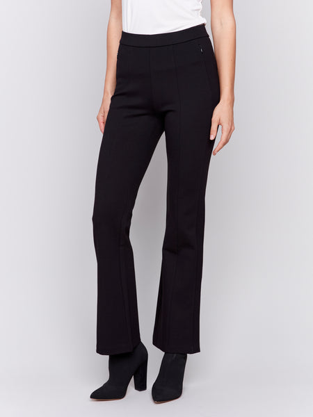 Solid Flare Ponte Pant w/ Side Slit Black by Charlie B