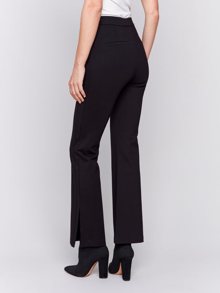 Solid Flare Ponte Pant w/ Side Slit Black by Charlie B