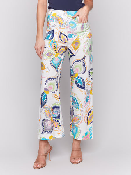 Printed Cropped Linen Blend Pants Feathers by Charlie B