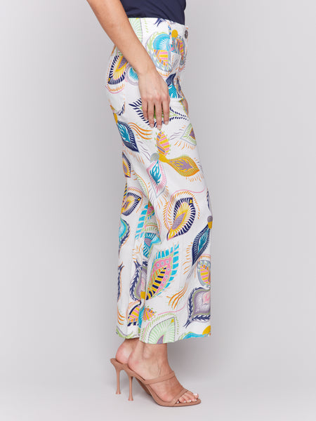 Printed Cropped Linen Blend Pants Feathers by Charlie B
