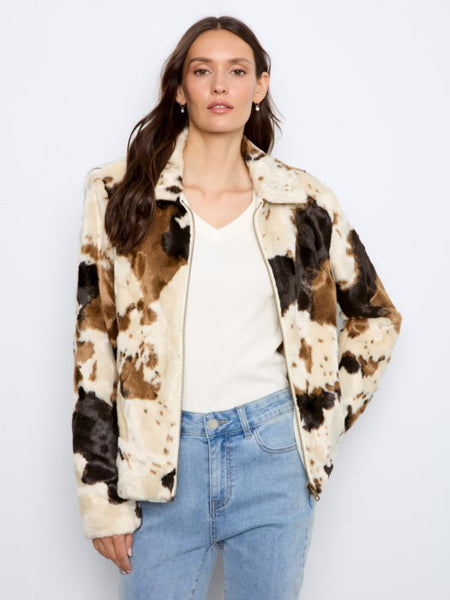 Long Sleeve Fur Jacket in Cow Pattern by Charlie B