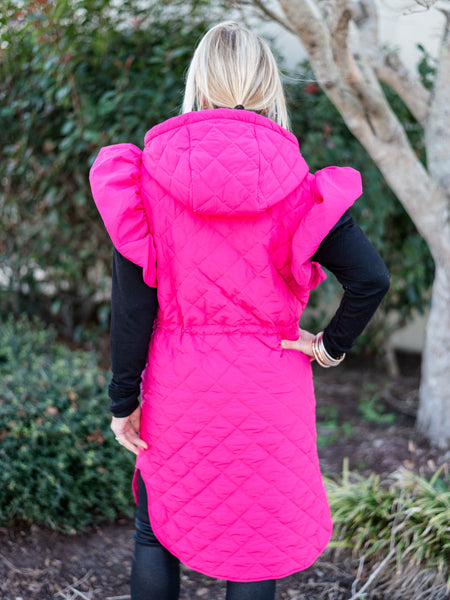 Hot Pink Ruffle Sleeve Quilted Puffer Vest by Coastal Couture