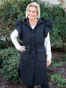Black Ruffle Sleeve Quilted Puffer Vest by Coastal Couture