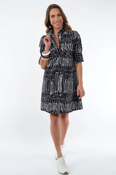 B&W Scribble Ruffle Neck Dress by Lior