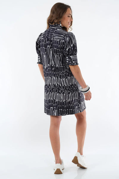 B&W Scribble Ruffle Neck Dress by Lior