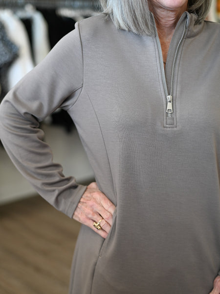 Scuba Zip-Neck Dress Taupe by Lulu B
