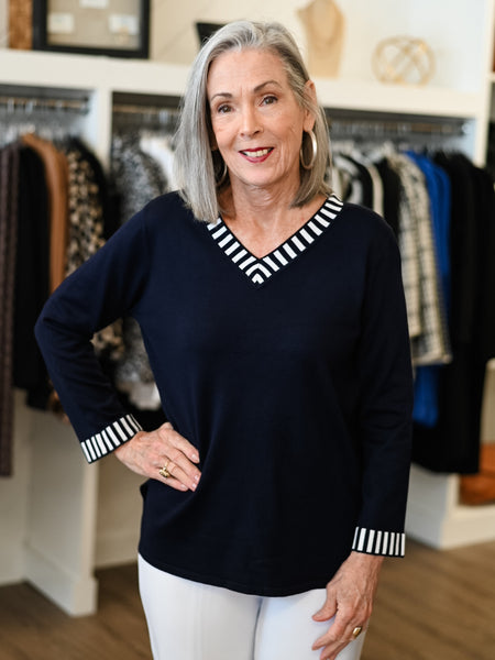 3/4 Sleeve Banded V-Neck Sweater by Multiples