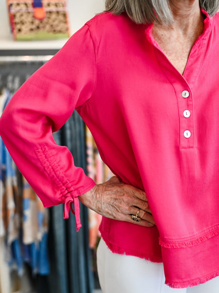 3/4 Sleeve Band Collar Double Fringe Hem Top Candy Pink by Multiples