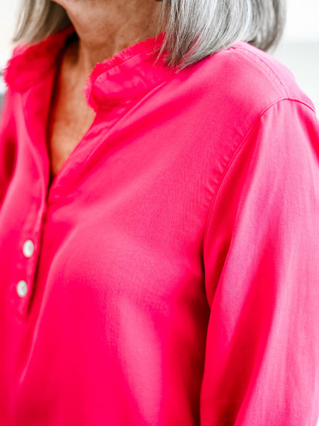 3/4 Sleeve Band Collar Double Fringe Hem Top Candy Pink by Multiples